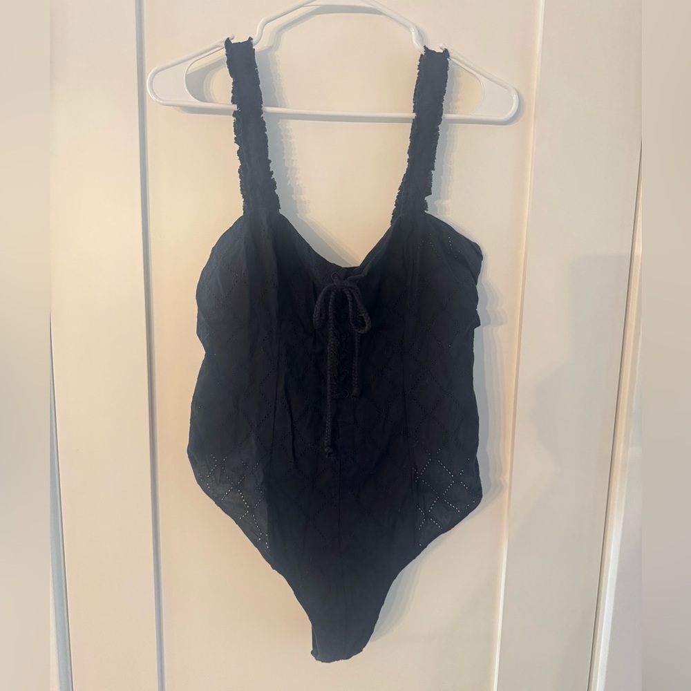 Free People Black Lace-Up Bodysuit